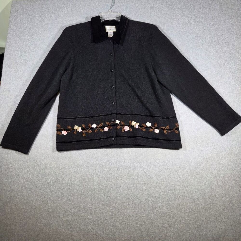 Susan Bristol XL Black Lambswool Angora Cardigan Sweater Floral Embroidered